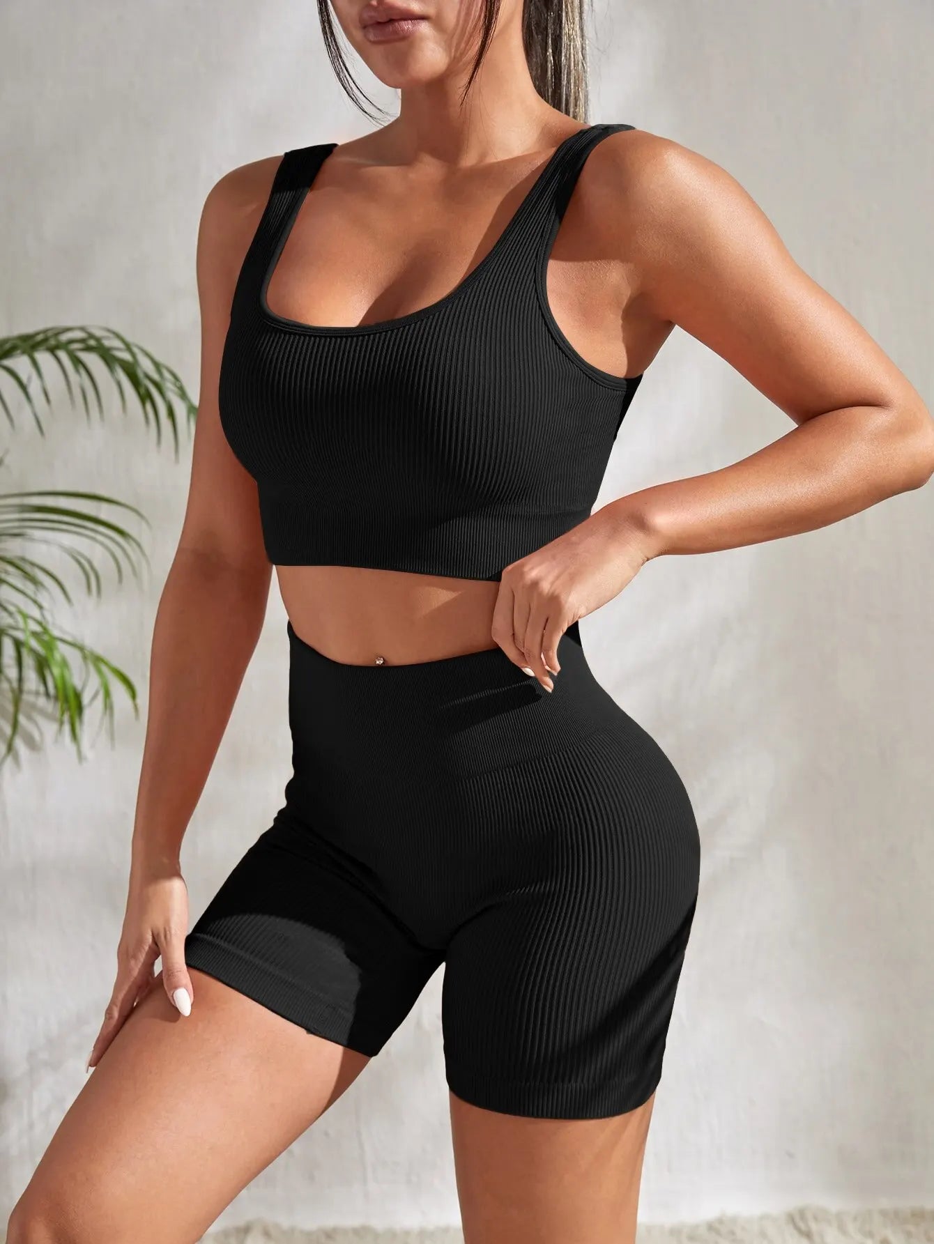 Seamless Ribbed Yoga Sets, 2 Pieces Gym Crop Tank High Waist