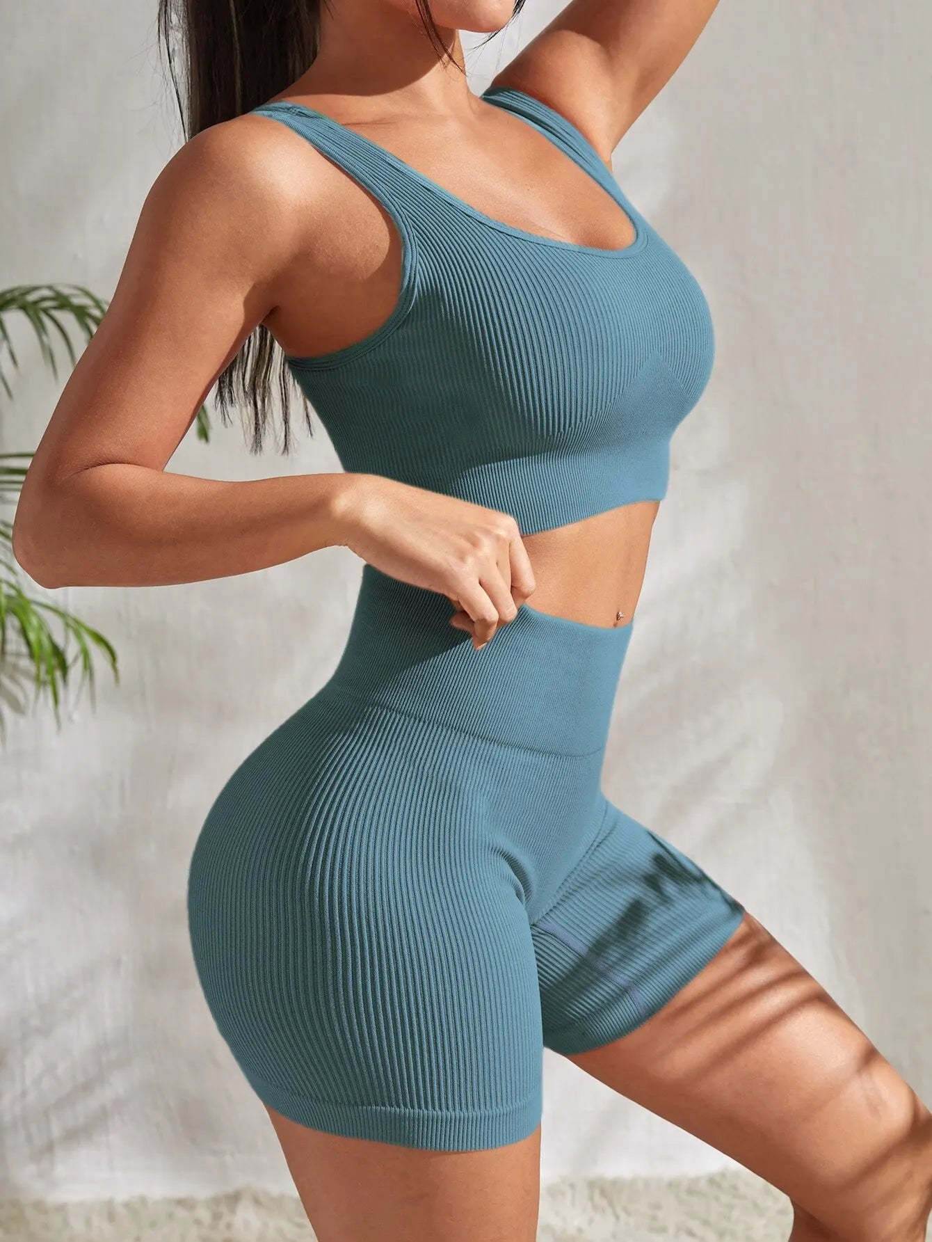 Seamless Ribbed Yoga Sets, 2 Pieces Gym Crop Tank High Waist