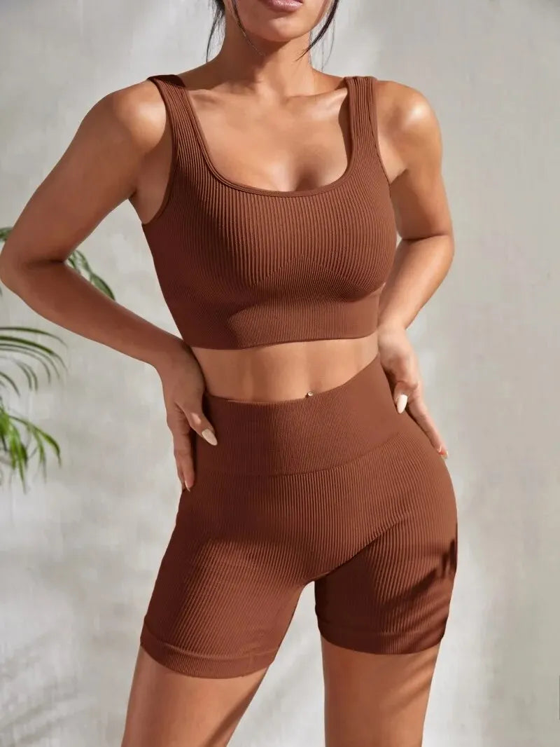 Seamless Ribbed Yoga Sets, 2 Pieces Gym Crop Tank High Waist