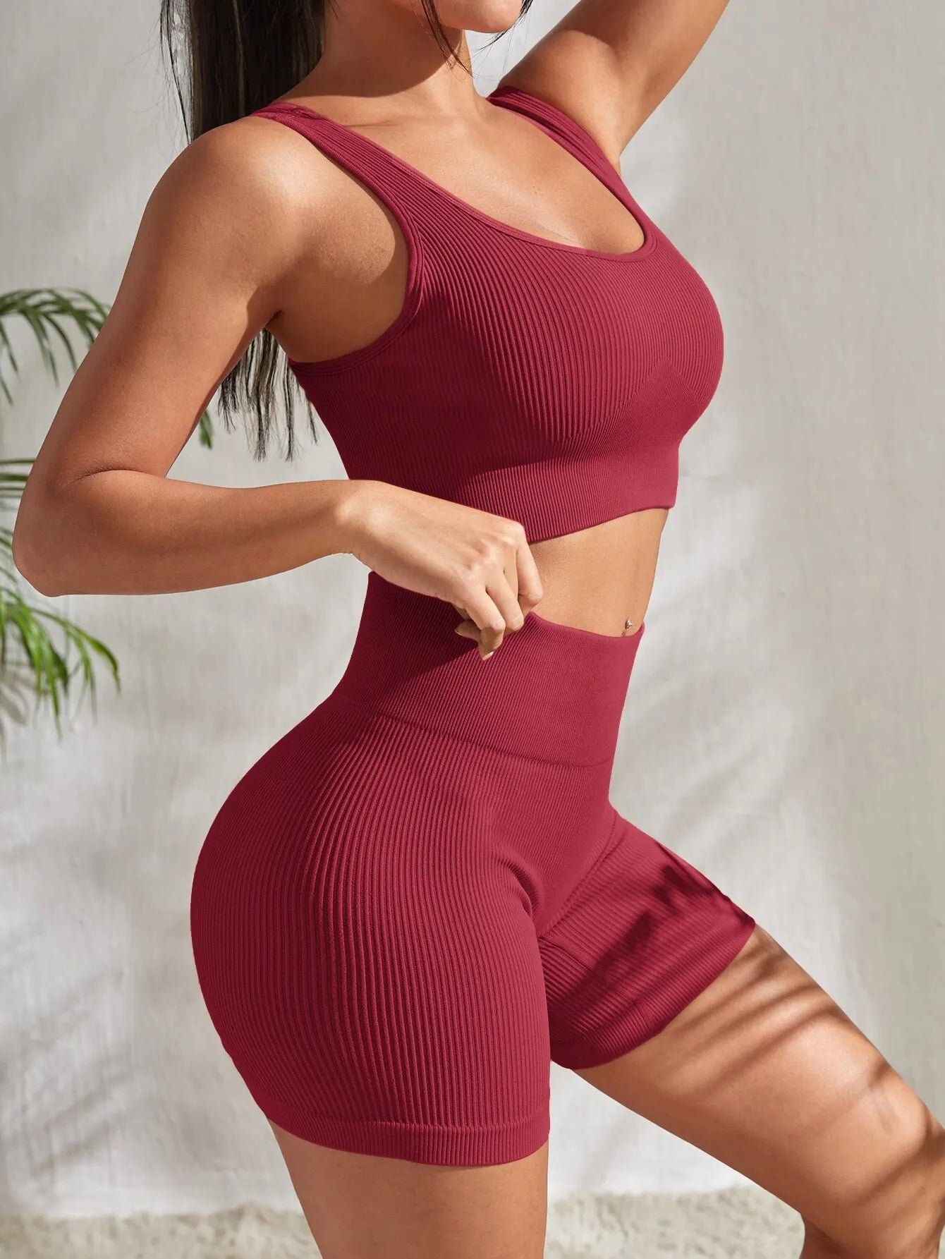 Seamless Ribbed Yoga Sets, 2 Pieces Gym Crop Tank High Waist