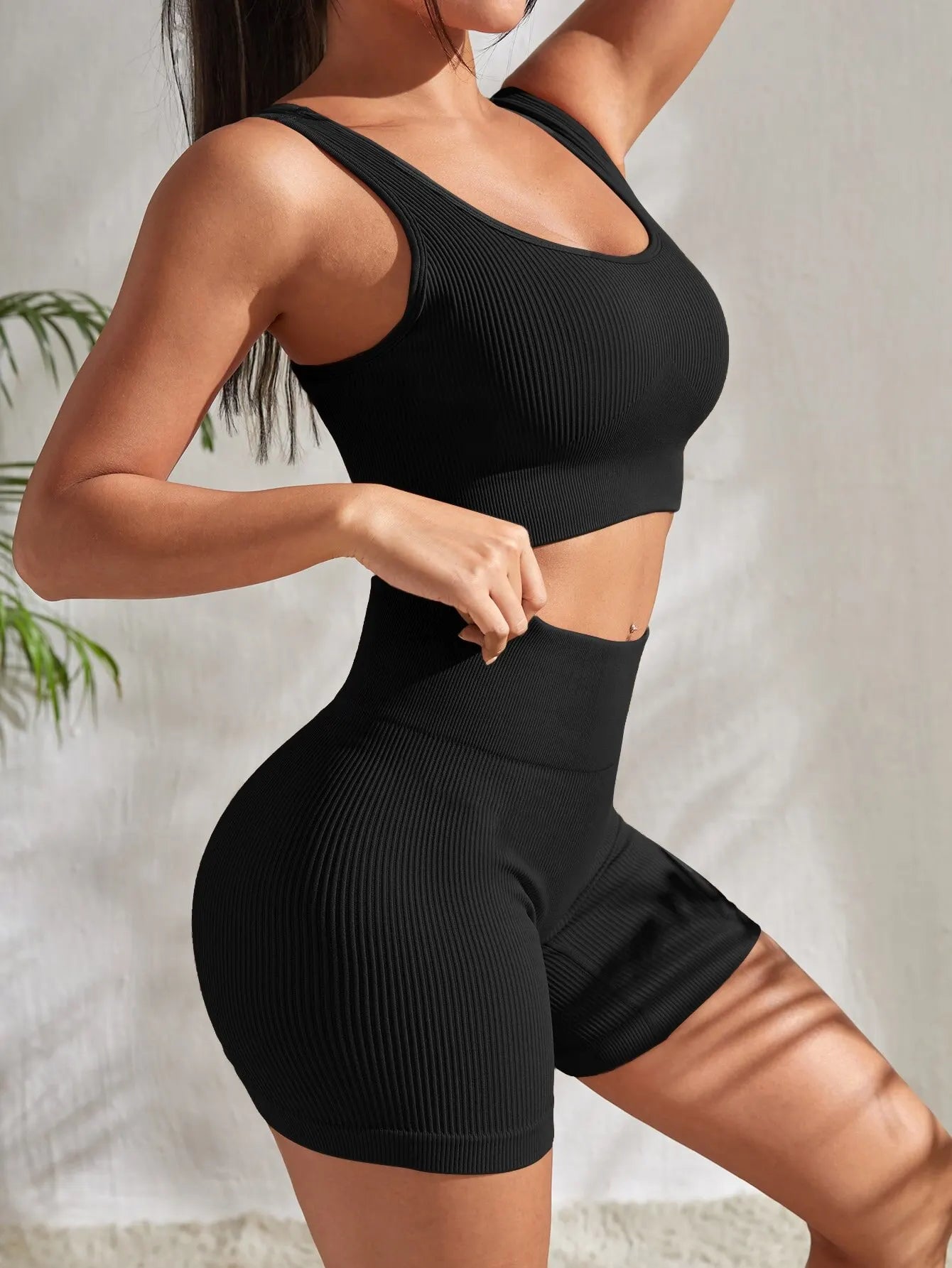 Seamless Ribbed Yoga Sets, 2 Pieces Gym Crop Tank High Waist