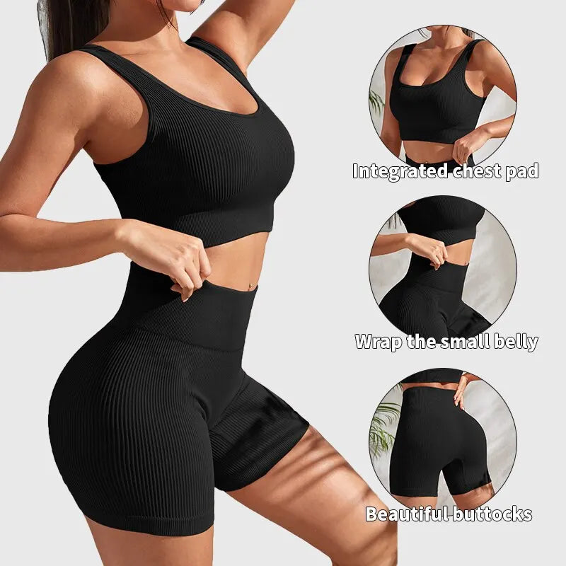 Seamless Ribbed Yoga Sets, 2 Pieces Gym Crop Tank High Waist